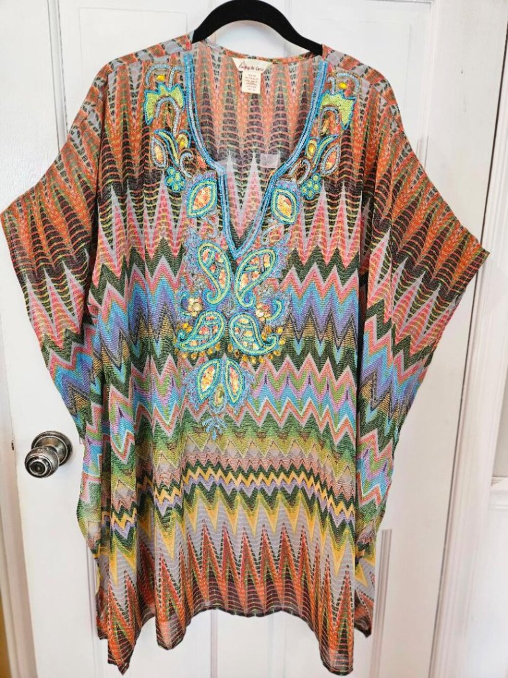 Lucky & Coco XL tunic, multi-colored chevron pattern w ornate beading, bohemian